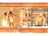 The Scribe Ani, vindicated in the Day of His Judgement, comes before Osiris.Judgement is by weighing the heart. From the Egyptian Papyrus of Ani, in the British Museum.